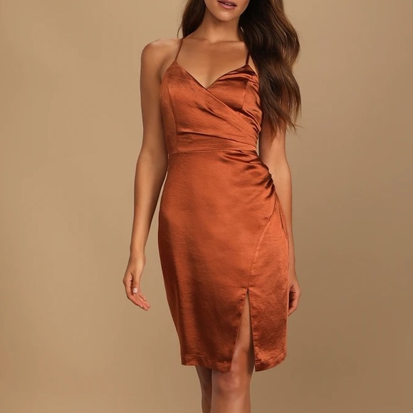 ❤️ Lulus Hot Night Out Bronze Satin Surplice Faux-Wrap Dress - Picture 4 of 6
